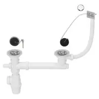 Dernier Modèle Vidage complet d‘évier D60 2 bacs 2 bondes à bouchon siphon avec prise machine à laver et garde d‘eau 50 mm trop plein extérieur 30724274 WIRQUIN