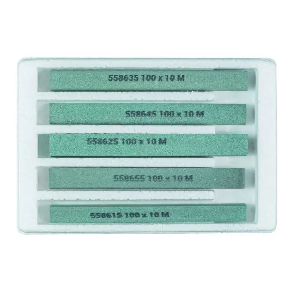 Assortiment de 5 pierres d‘affûtage, carbure de silicium, en coffret plastique, Nombre de pierres d‘affûtage 5 Vente Flash